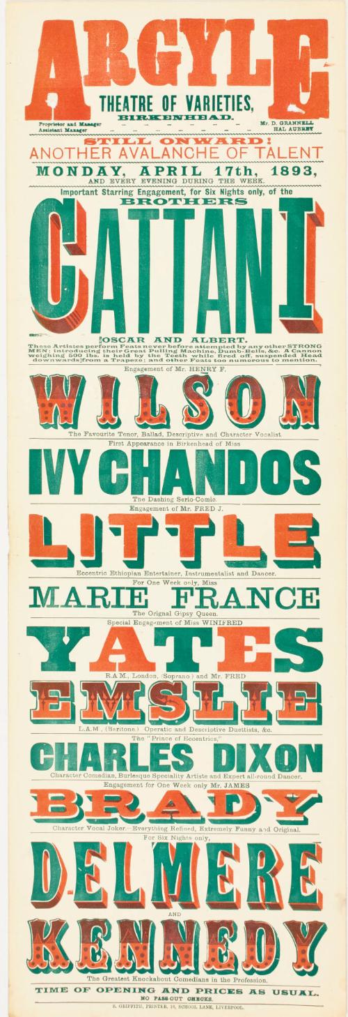Playbill for The Argyle Theatre of Varieties, Birkenhead. April 17, 1893