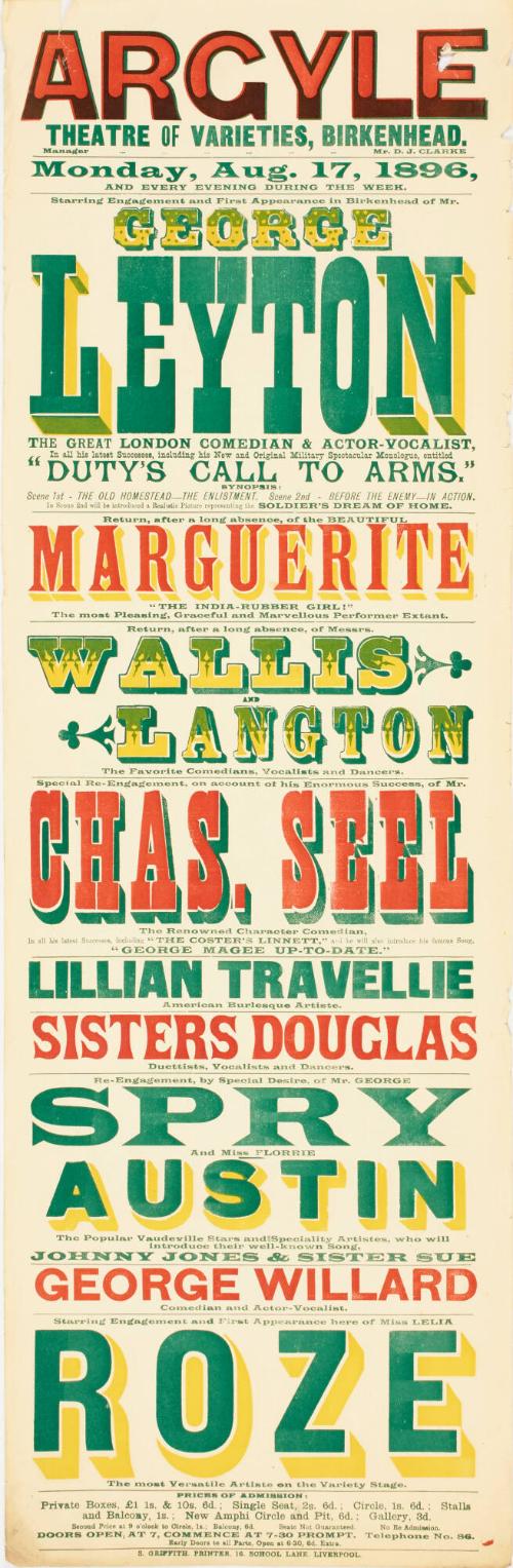 Playbill for The Argyle Theatre of Varieties, Birkenhead. August 17, 1896