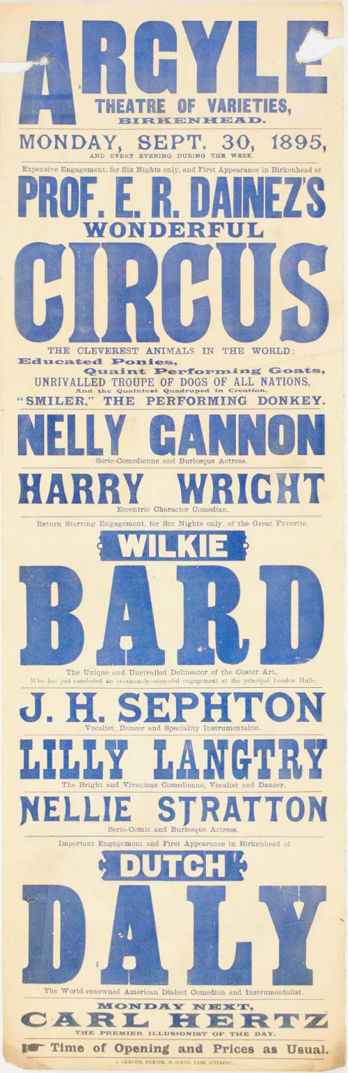 Playbill for The Argyle Theatre of Varieties, Birkenhead. September 30, 1895