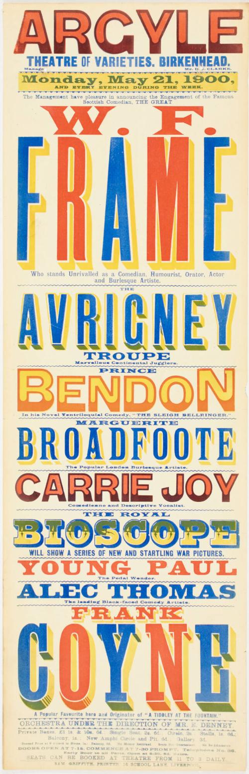 Playbill for The Argyle Theatre of Varieties, Birkenhead. May 21, 1900