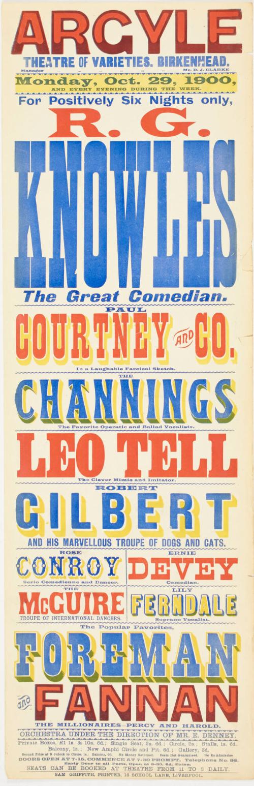 Playbill for The Argyle Theatre of Varieties, Birkenhead. October 29, 1900