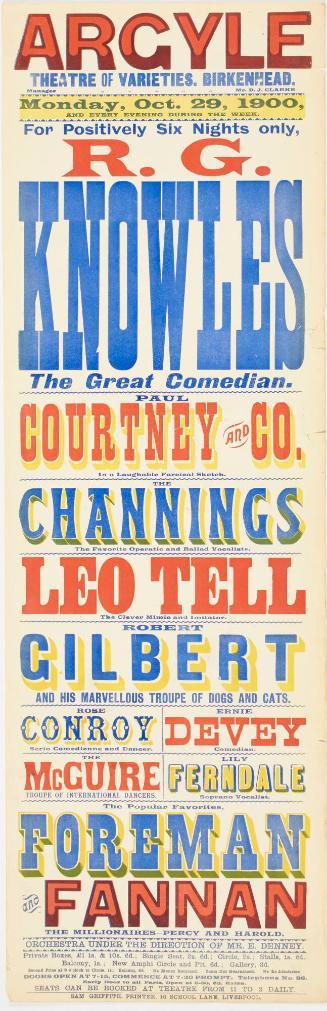 Playbill for The Argyle Theatre of Varieties, Birkenhead. October 29, 1900