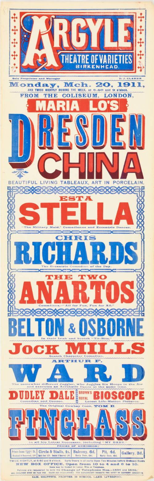 Playbill for The Argyle Theatre of Varieties, Birkenhead. March 20, 1911