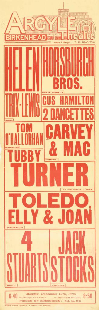 Playbill for The Argyle Theatre of Varieties, Birkenhead. December 12, 1938