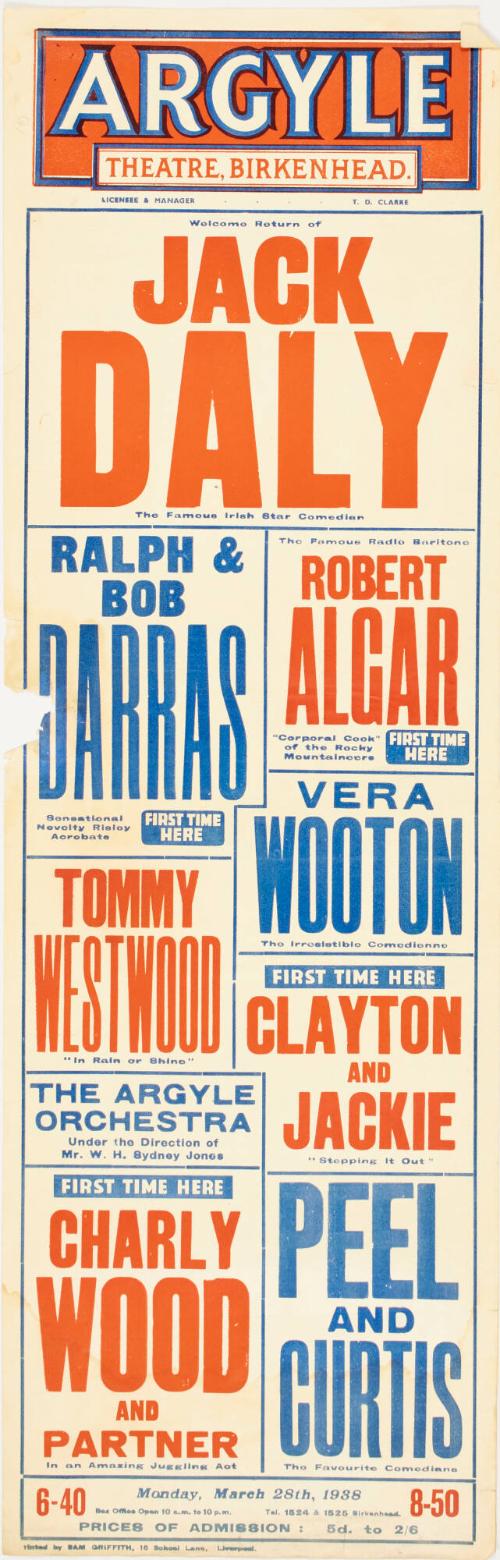Playbill for The Argyle Theatre of Varieties, Birkenhead. March 28, 1938