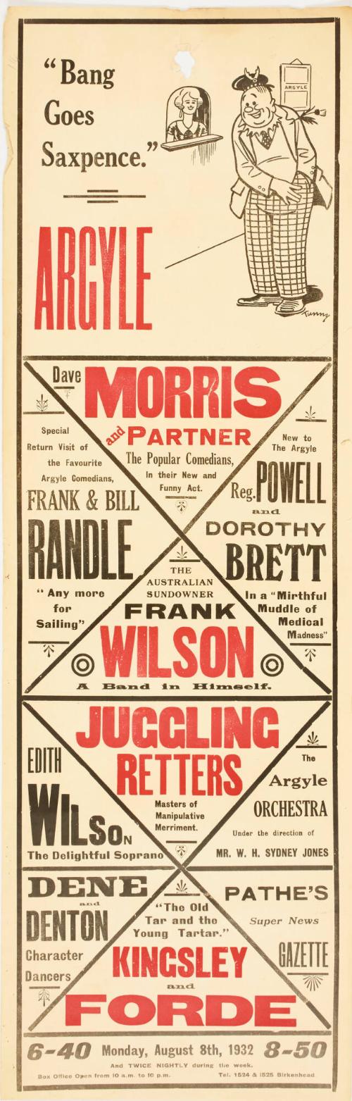 Playbill for The Argyle Theatre of Varieties, Birkenhead. August 8, 1932