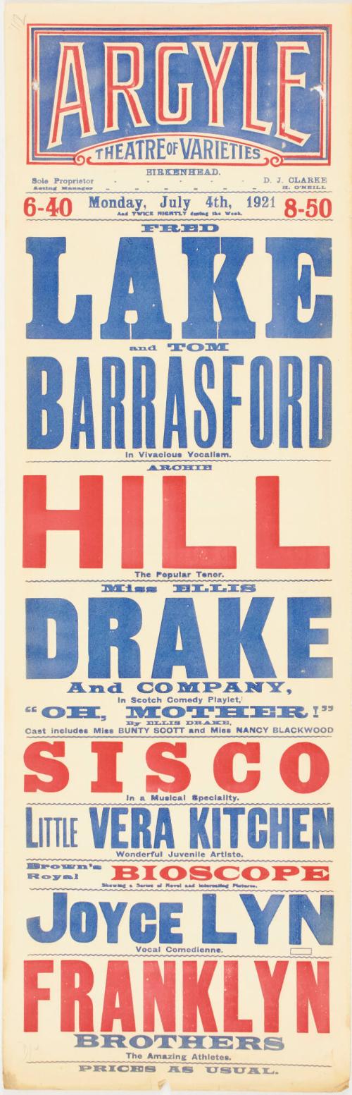 Playbill for The Argyle Theatre of Varieties, Birkenhead. July 4, 1921
