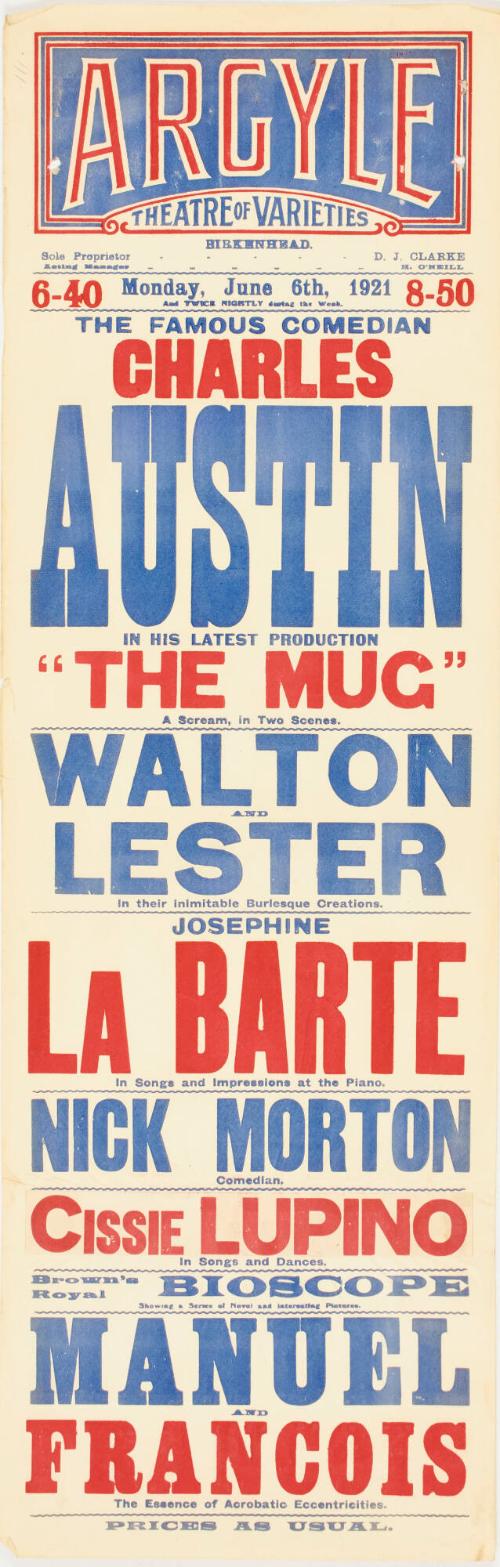 Playbill for The Argyle Theatre of Varieties, Birkenhead. June 6, 1921