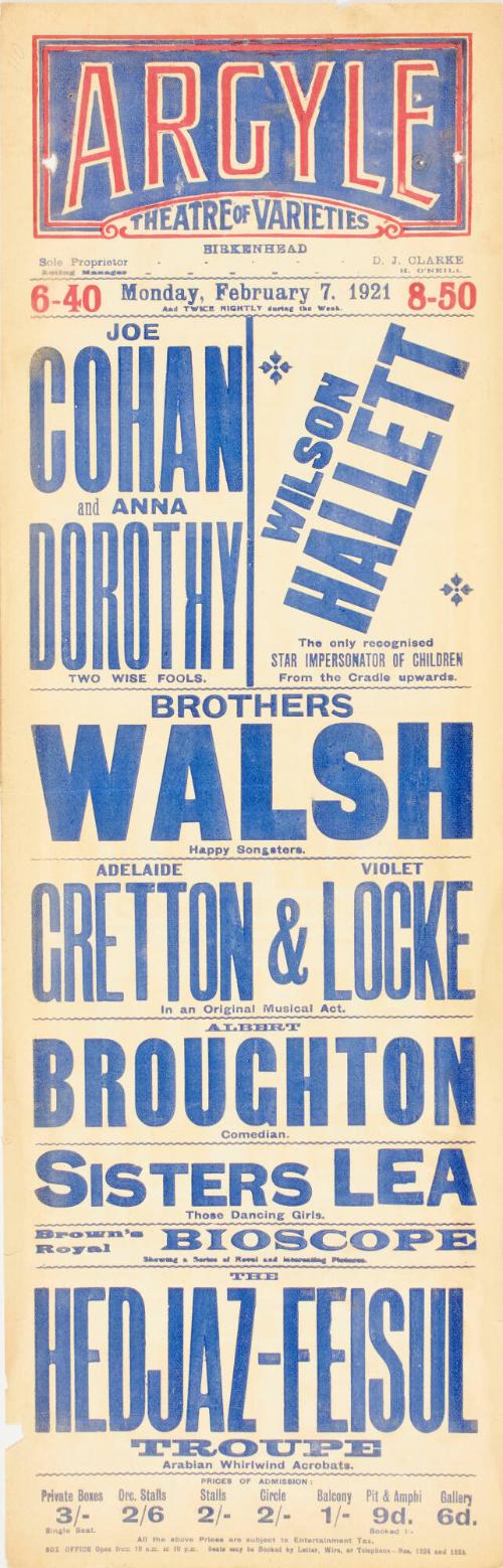 Playbill for The Argyle Theatre of Varieties, Birkenhead. February 7, 1921