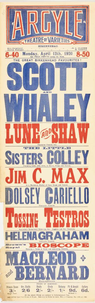 Playbill for The Argyle Theatre of Varieties, Birkenhead. April 12, 1920
