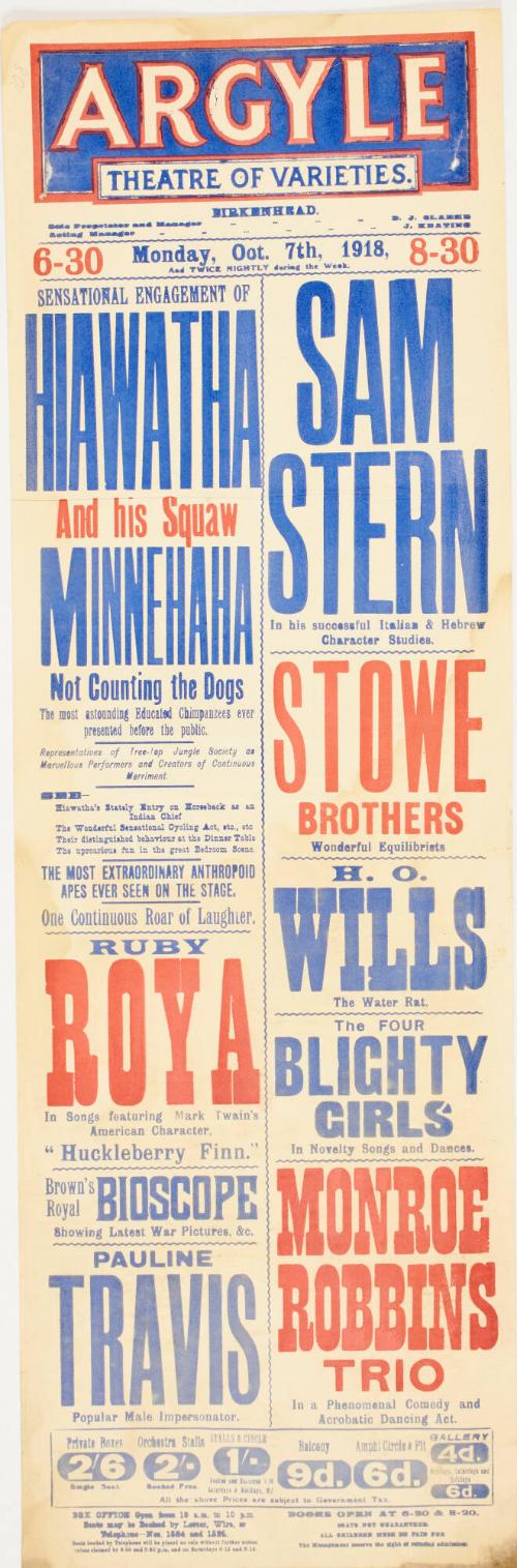 Playbill for The Argyle Theatre of Varieties, Birkenhead. April 29, 1918