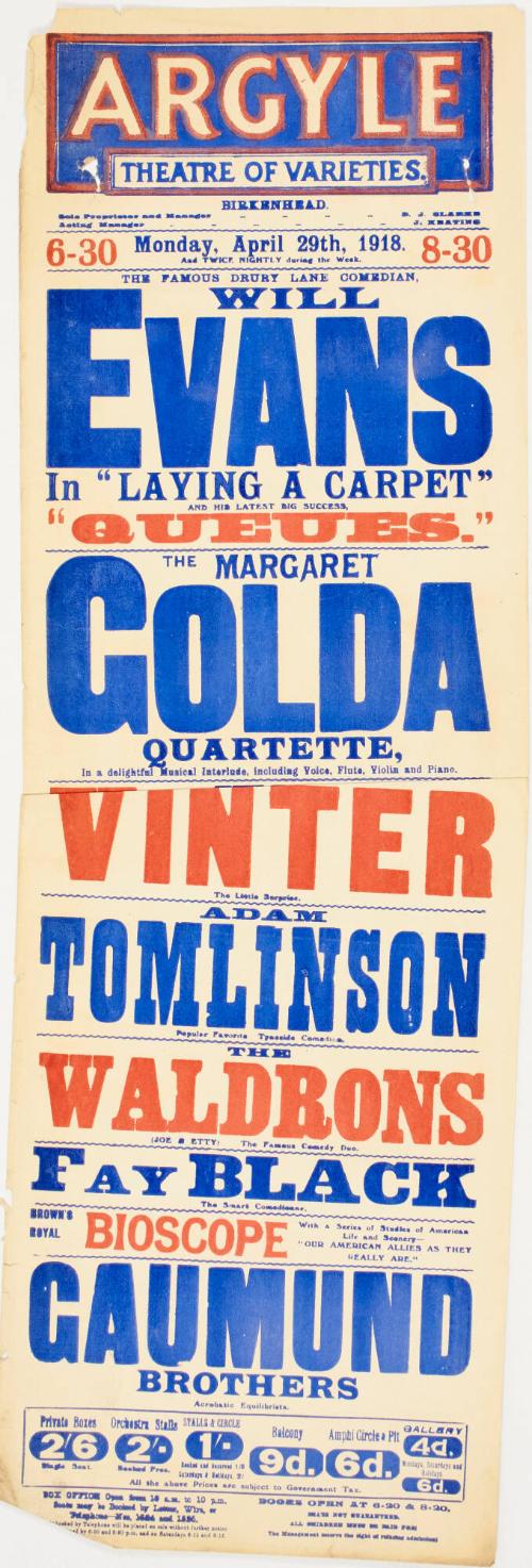 Playbill for The Argyle Theatre of Varieties, Birkenhead. April 29, 1918