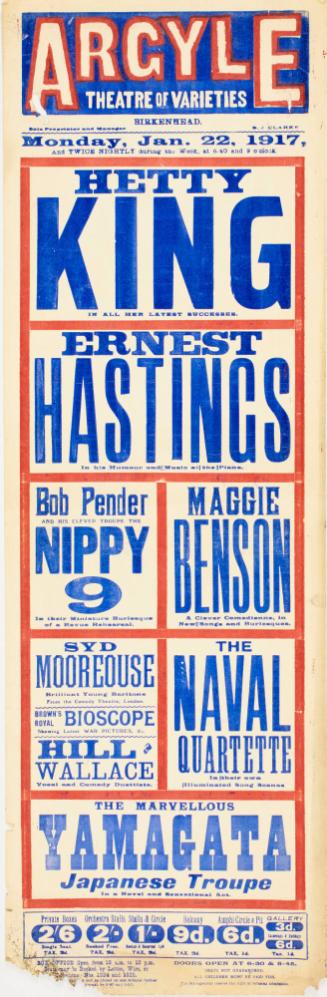 Playbill for The Argyle Theatre of Varieties, Birkenhead. January 22, 1917