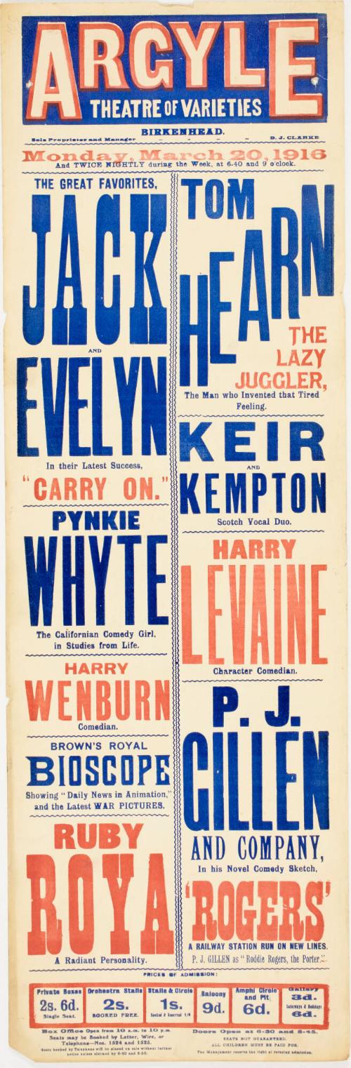 Playbill for The Argyle Theatre of Varieties, Birkenhead. March 20, 1916