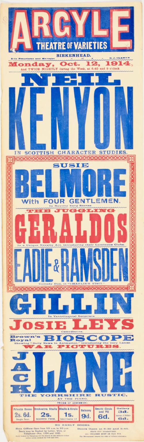 Playbill for The Argyle Theatre of Varieties, Birkenhead. October 12, 1914