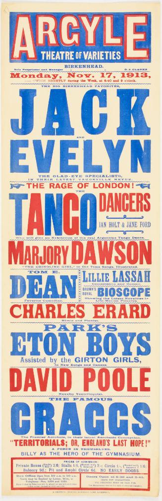 Playbill for The Argyle Theatre of Varieties, Birkenhead. November 17, 1913