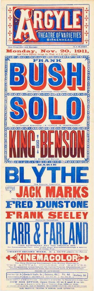 Playbill for The Argyle Theatre of Varieties, Birkenhead. November 20, 1911