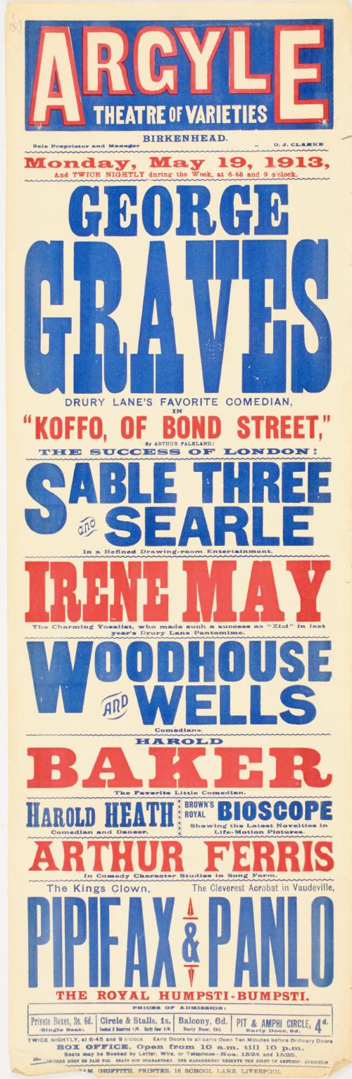 Playbill for The Argyle Theatre of Varieties, Birkenhead. May 19, 1913