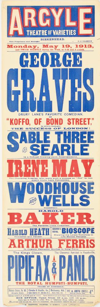 Playbill for The Argyle Theatre of Varieties, Birkenhead. May 19, 1913