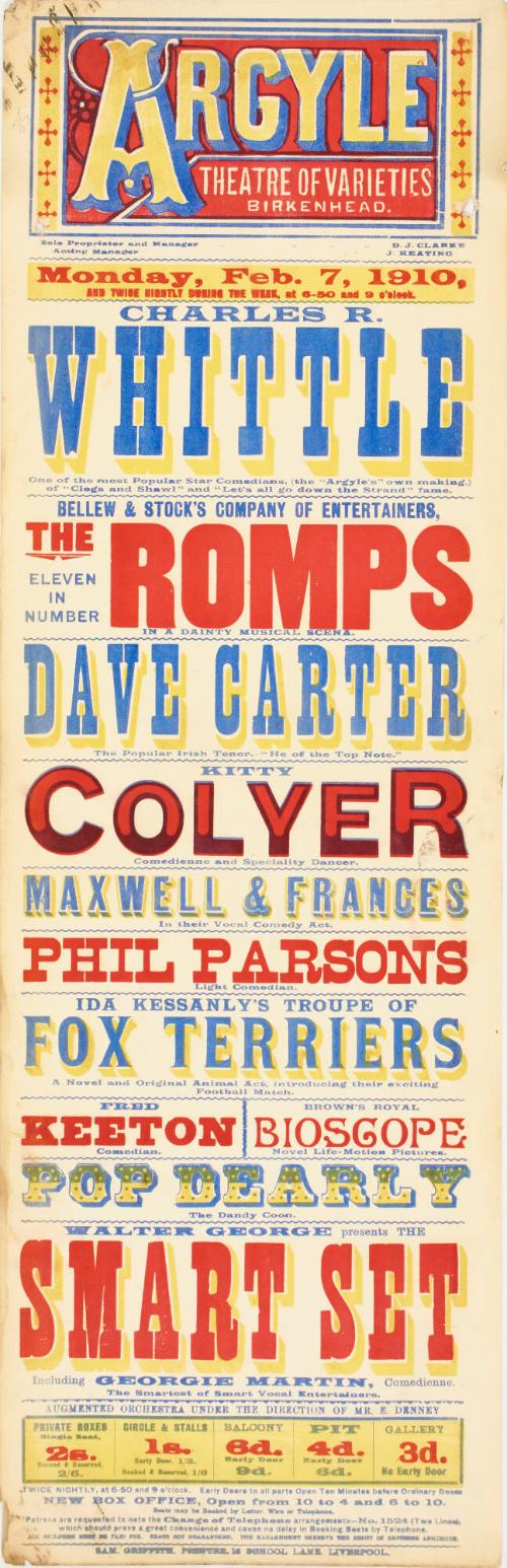 Playbill for The Argyle Theatre of Varieties, Birkenhead. February 7, 1910