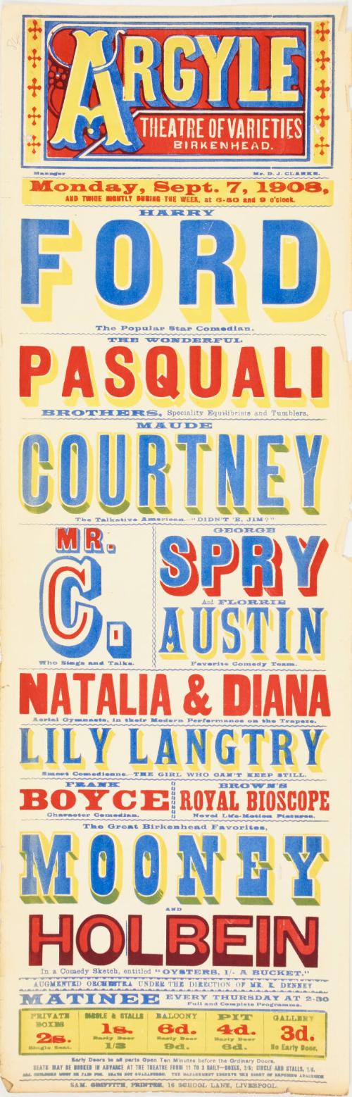 Playbill for The Argyle Theatre of Varieties, Birkenhead. September 7, 1908