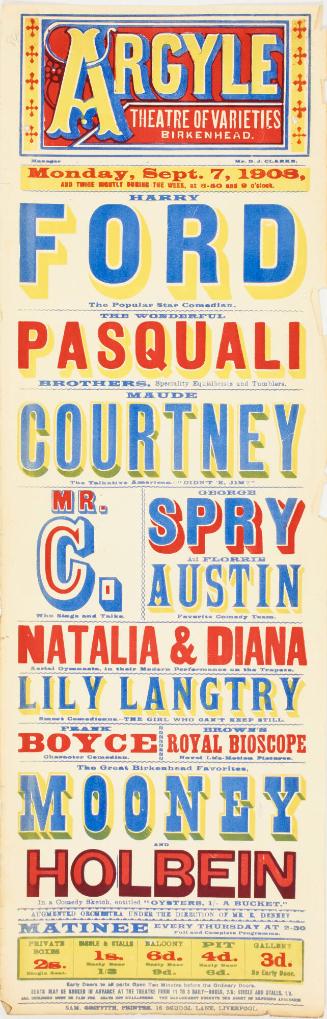 Playbill for The Argyle Theatre of Varieties, Birkenhead. September 7, 1908