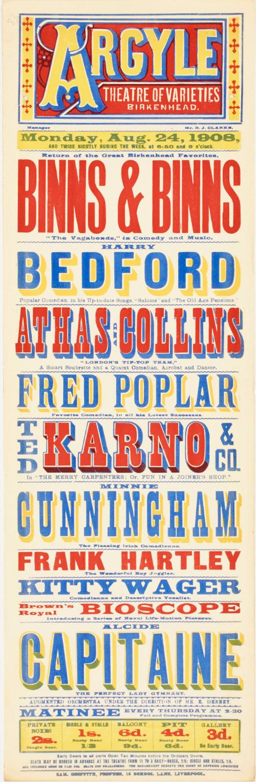 Playbill for The Argyle Theatre of Varieties, Birkenhead. August 24, 1908