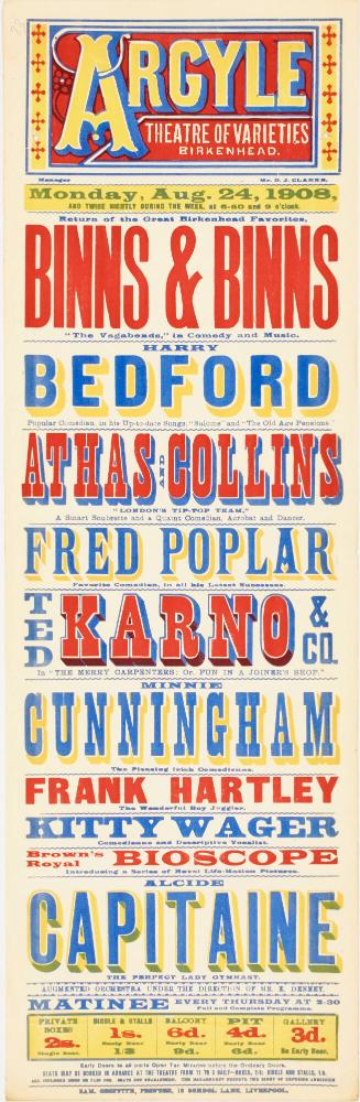 Playbill for The Argyle Theatre of Varieties, Birkenhead. August 24, 1908