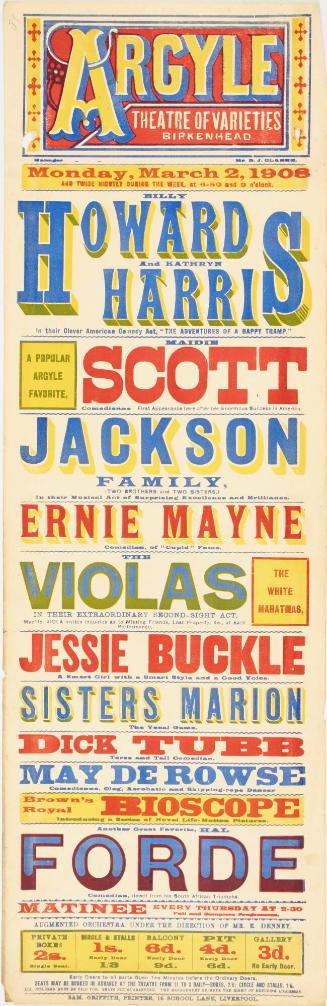 Playbill for The Argyle Theatre of Varieties, Birkenhead. March 2, 1909