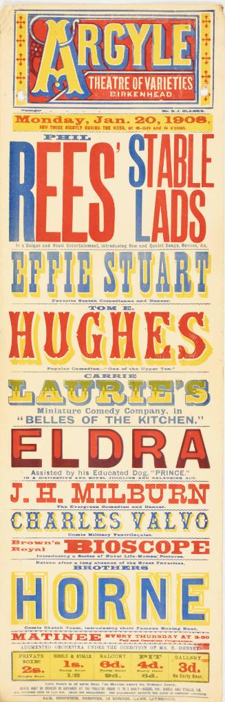 Playbill for The Argyle Theatre of Varieties, Birkenhead. January 20, 1908