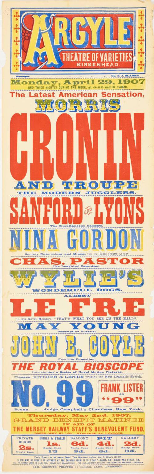 Playbill for The Argyle Theatre of Varieties, Birkenhead. April 29, 1907