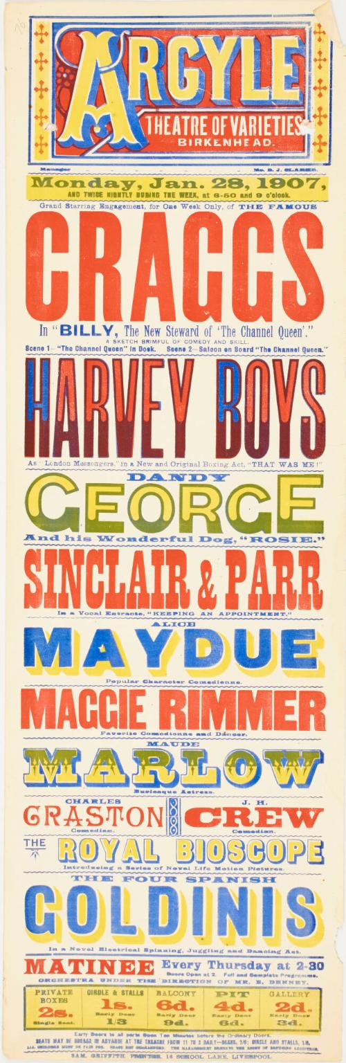 Playbill for The Argyle Theatre of Varieties, Birkenhead. January 28, 1907