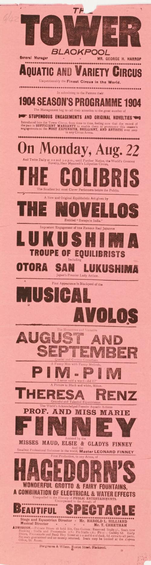 Playbill for The Tower, Blackpool, Aquatic and Variety Circus. August 22, 1904