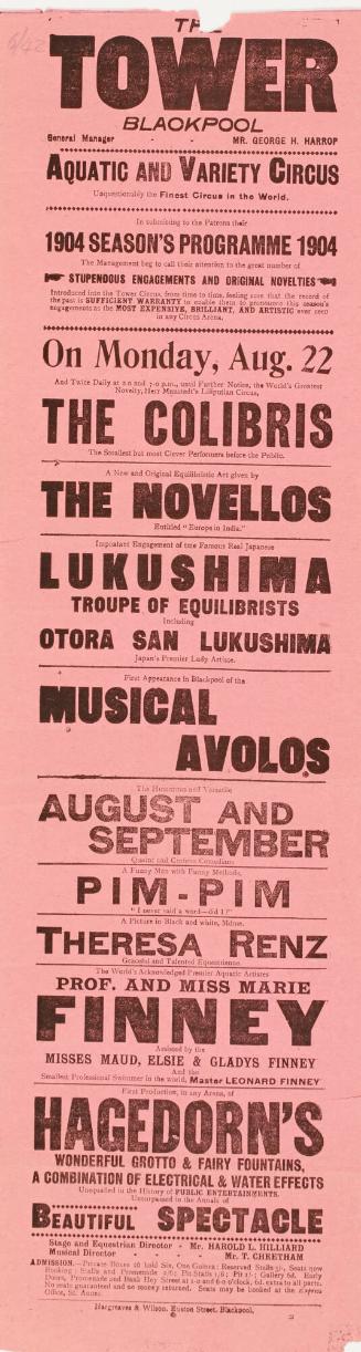 Playbill for The Tower, Blackpool, Aquatic and Variety Circus. August 22, 1904