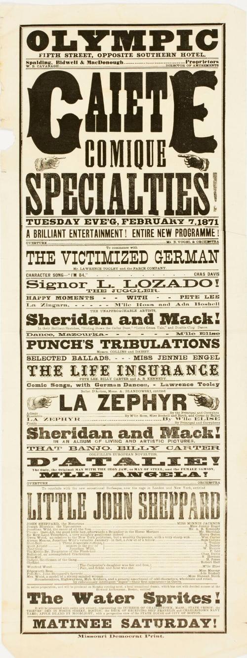 Olympic Gaiete Comique Specialties. Missouri, February 7, 1871