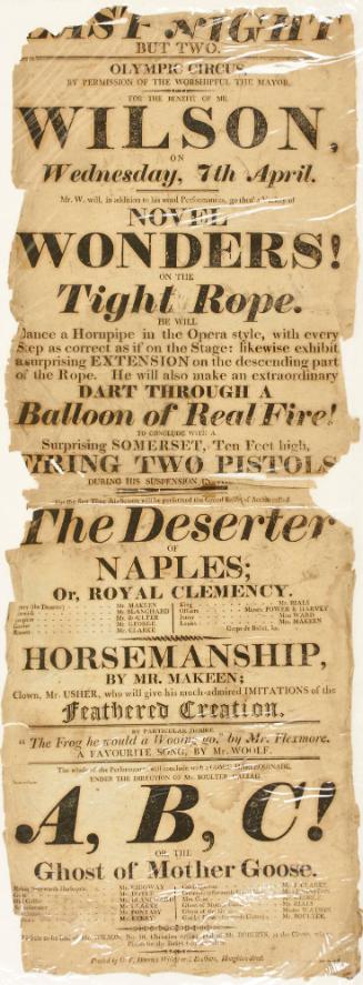 Playbill for Olympic Circus, London. April 7, 1790