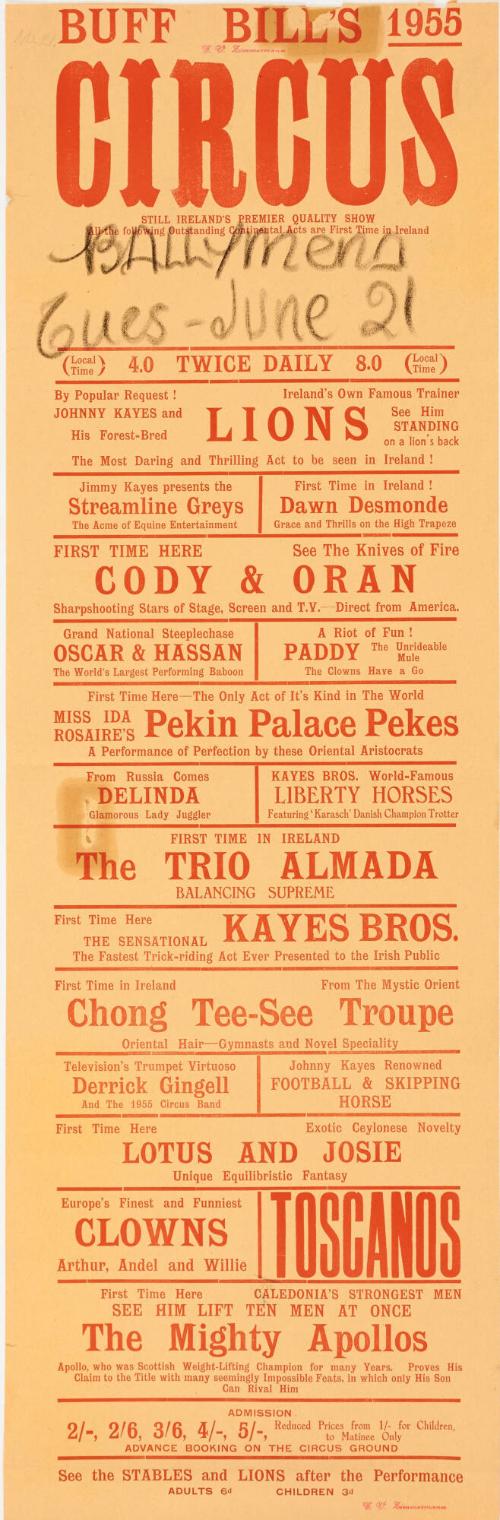 Playbill for Buff Bill's Circus, Ballymena. June 21, 1955