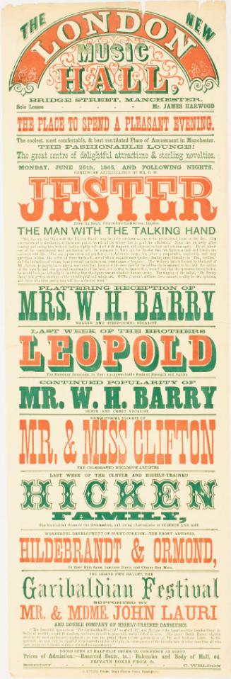 Playbill for The New London Music Hall, June 26, 1865