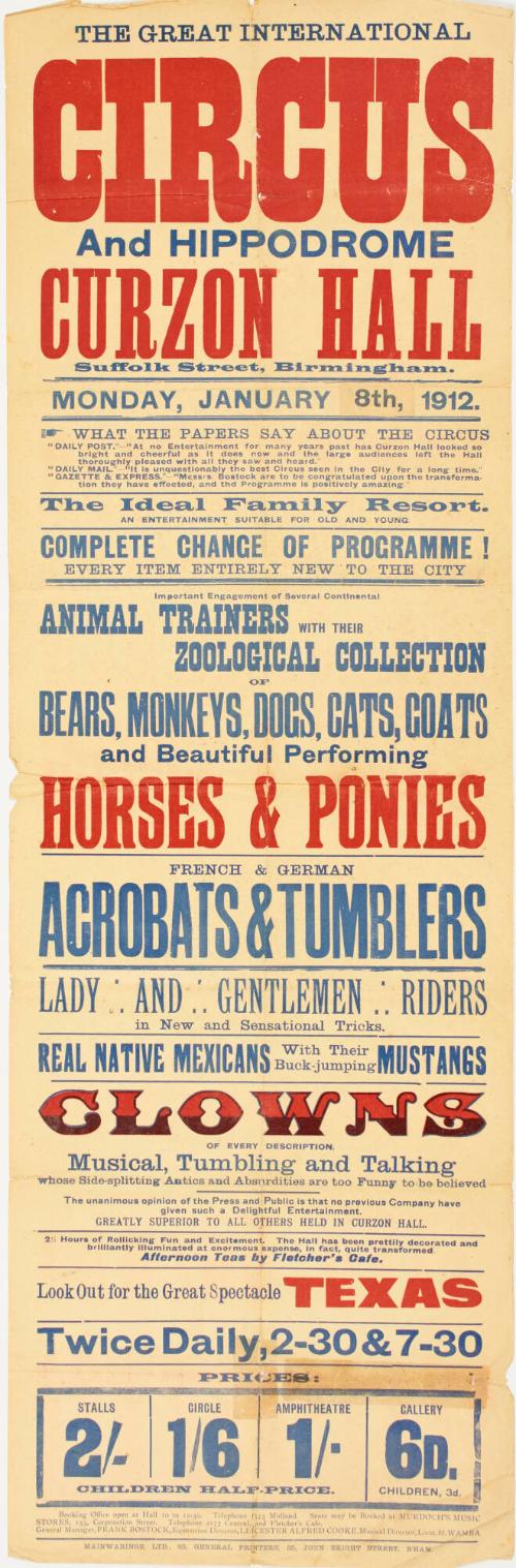 Playbill for The Great International Circus and Hippodrome, Curzon Hall, Birmingham. January 8, 1912