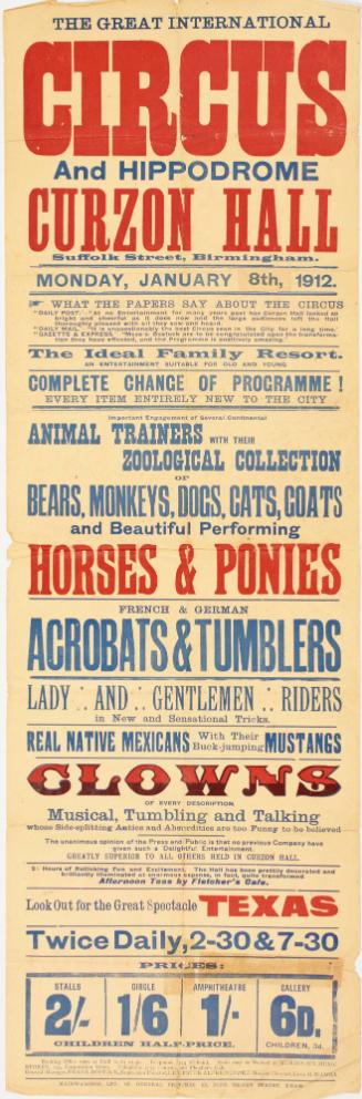 Playbill for The Great International Circus and Hippodrome, Curzon Hall, Birmingham. January 8, 1912