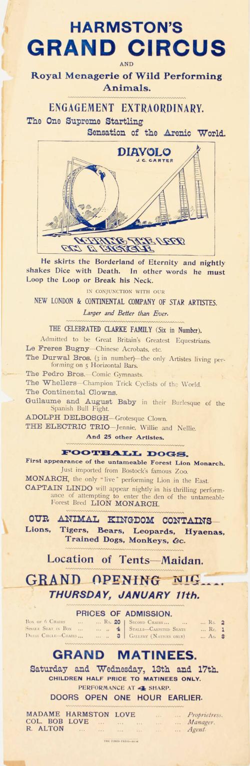 Playbill for Harmston's Grand Circus and Royal Menagerie of Wild Performing Animals, January 11, no year