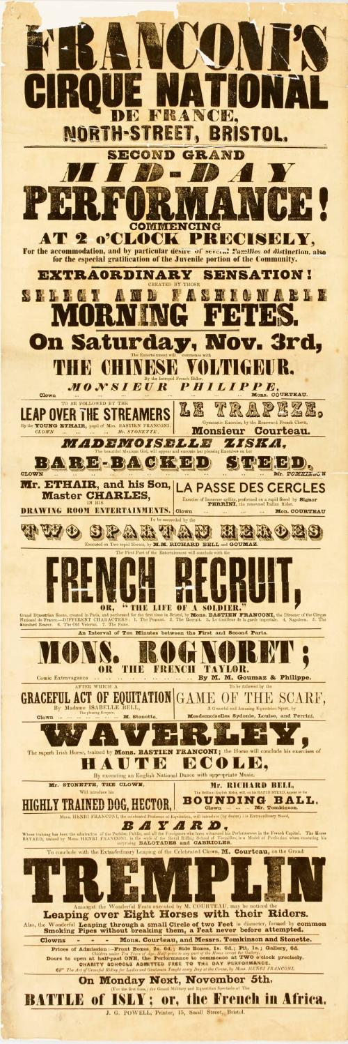 Playbill for Franconi's Cirque National de France, Bristol. November 3, no year