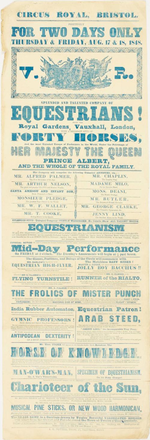 Playbill for Circus Royal, Bristol. August 17-18, 1848
