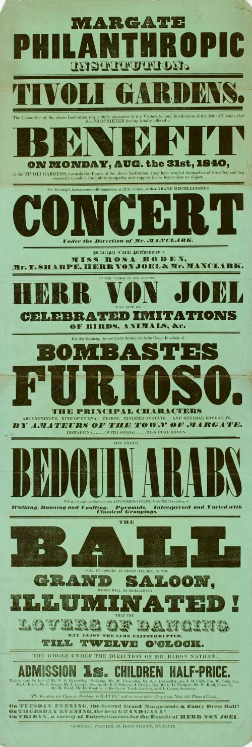 Playbill for Margate Philanthropic Institution, Tivoli Gardens. August 31, 1840