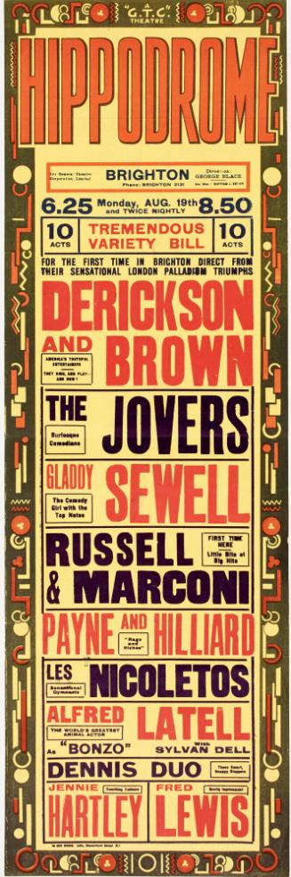 Playbill for Hippodrome, Brighton. August, 19, no year