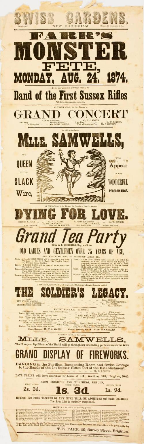 Playbill for Swiss Gardens, New Shoreham. August 24, 1874