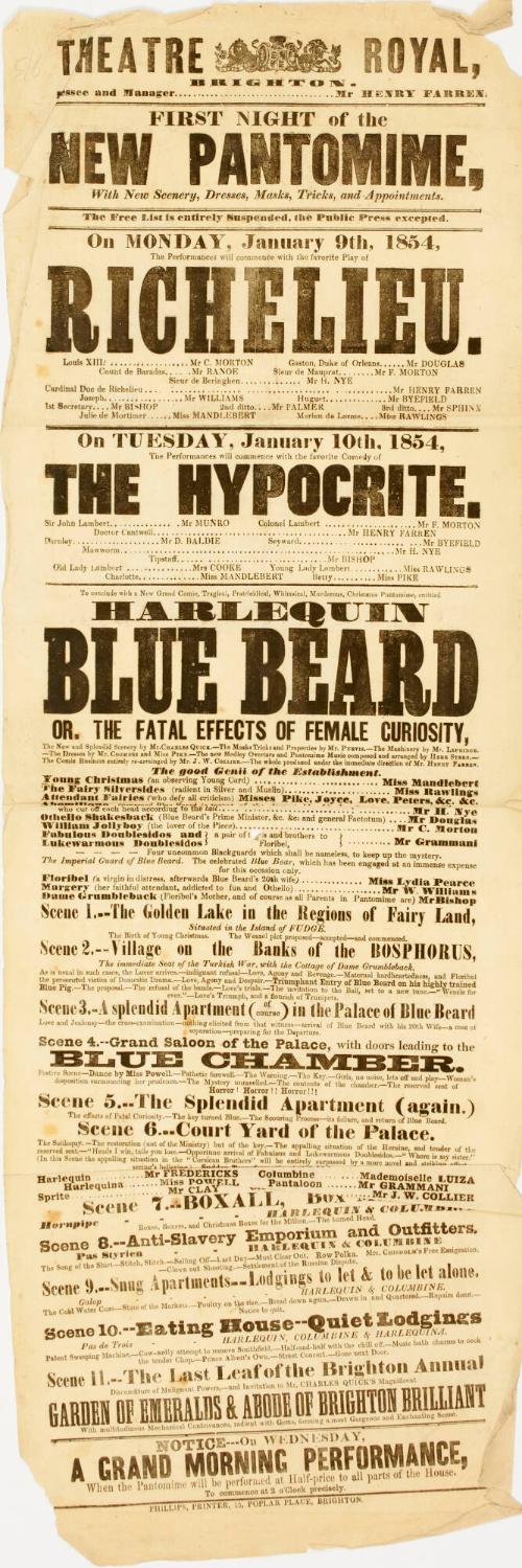 Playbill for Theatre Royal, Brighton. January 9, 1854