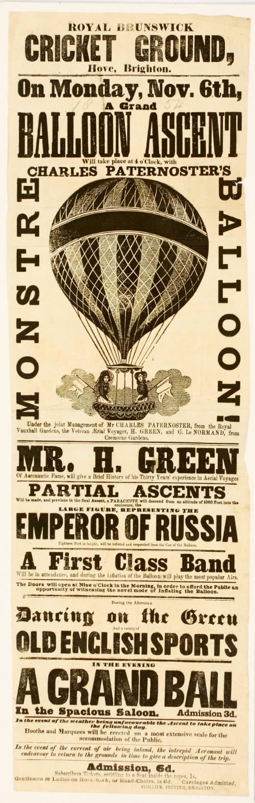 Playbill for Royal Brunswick Cricket Ground, Hove, Brighton. November 6, 1854
