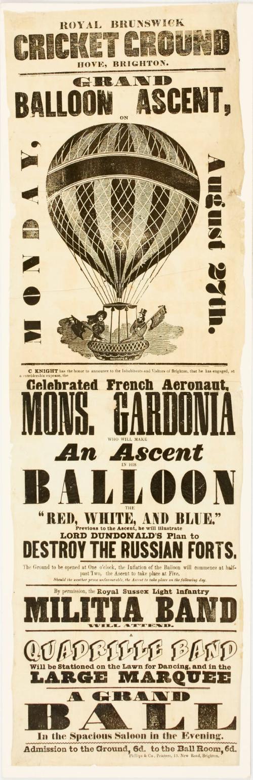 Playbill for Royal Brunswick Cricket Ground, Hove, Brighton. August 27, 1854