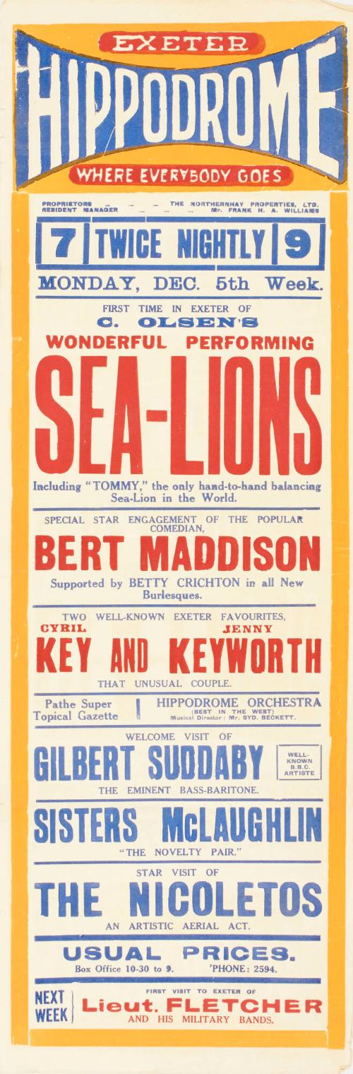 Playbill for Exeter Hippodrome, December 5, no year given
